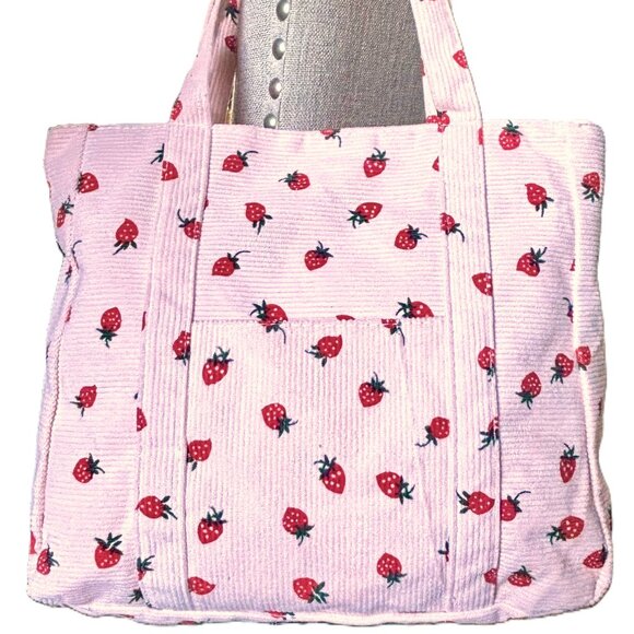 Spacious Pink Corduroy Zipper Tote Bag Strawberries Strawberry Pattern Handbag - Picture 1 of 6